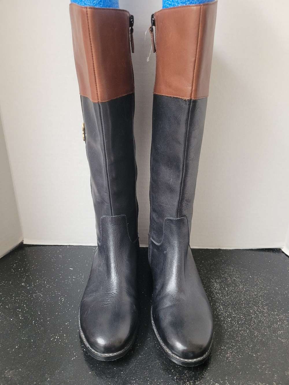 Cole Haan Tall Two-Tone Leather Riding Boots with Gold Detail - Picture 2 of 9